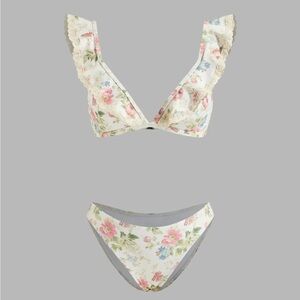 V-NECK FLORAL LACE TRIM RUFFLE BRACELET CHEEKY BIKINI SET